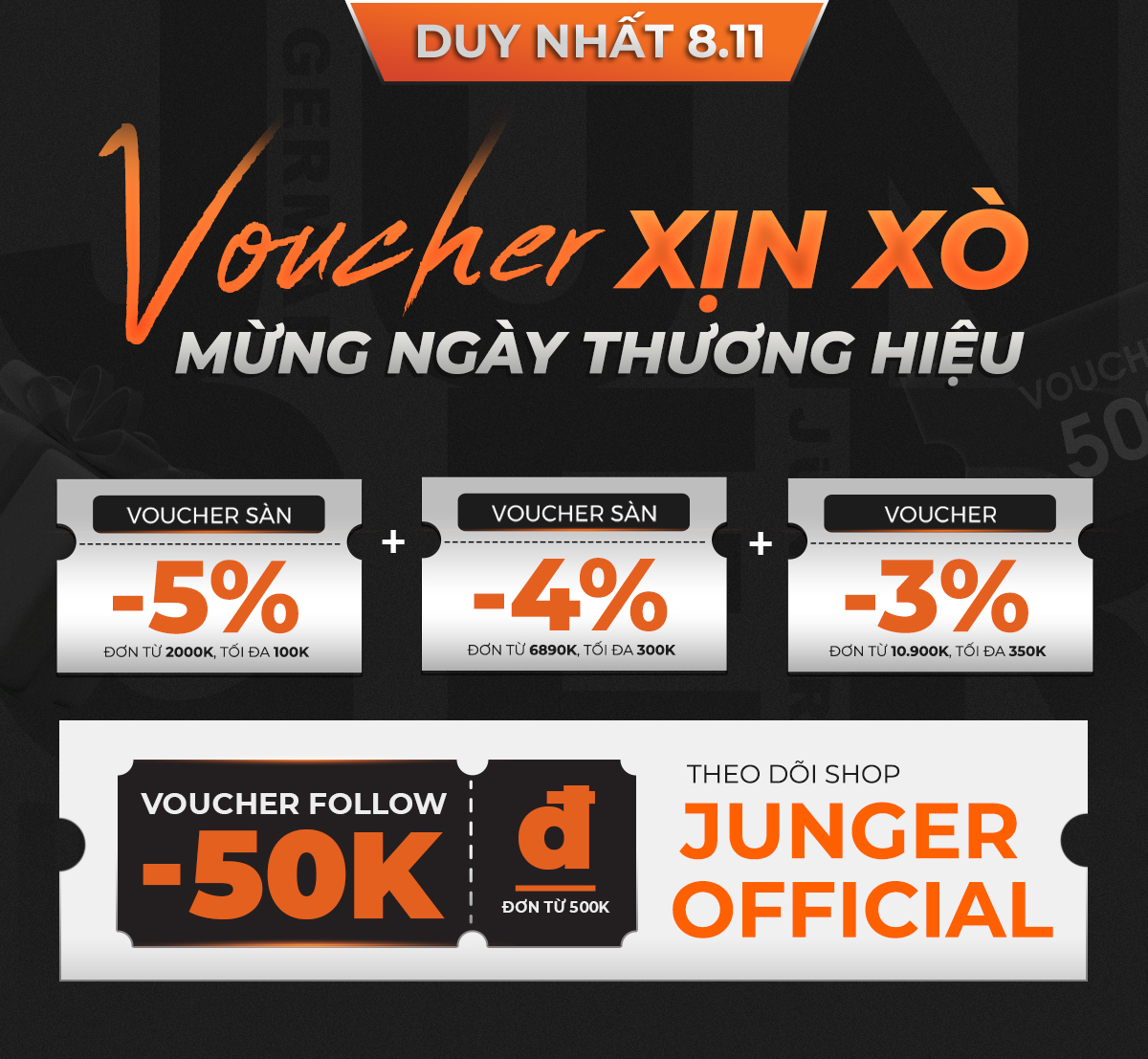 Hàng trăm voucher xịn xò gửi tặng khách hàng mừng ngày thương hiệu Junger.