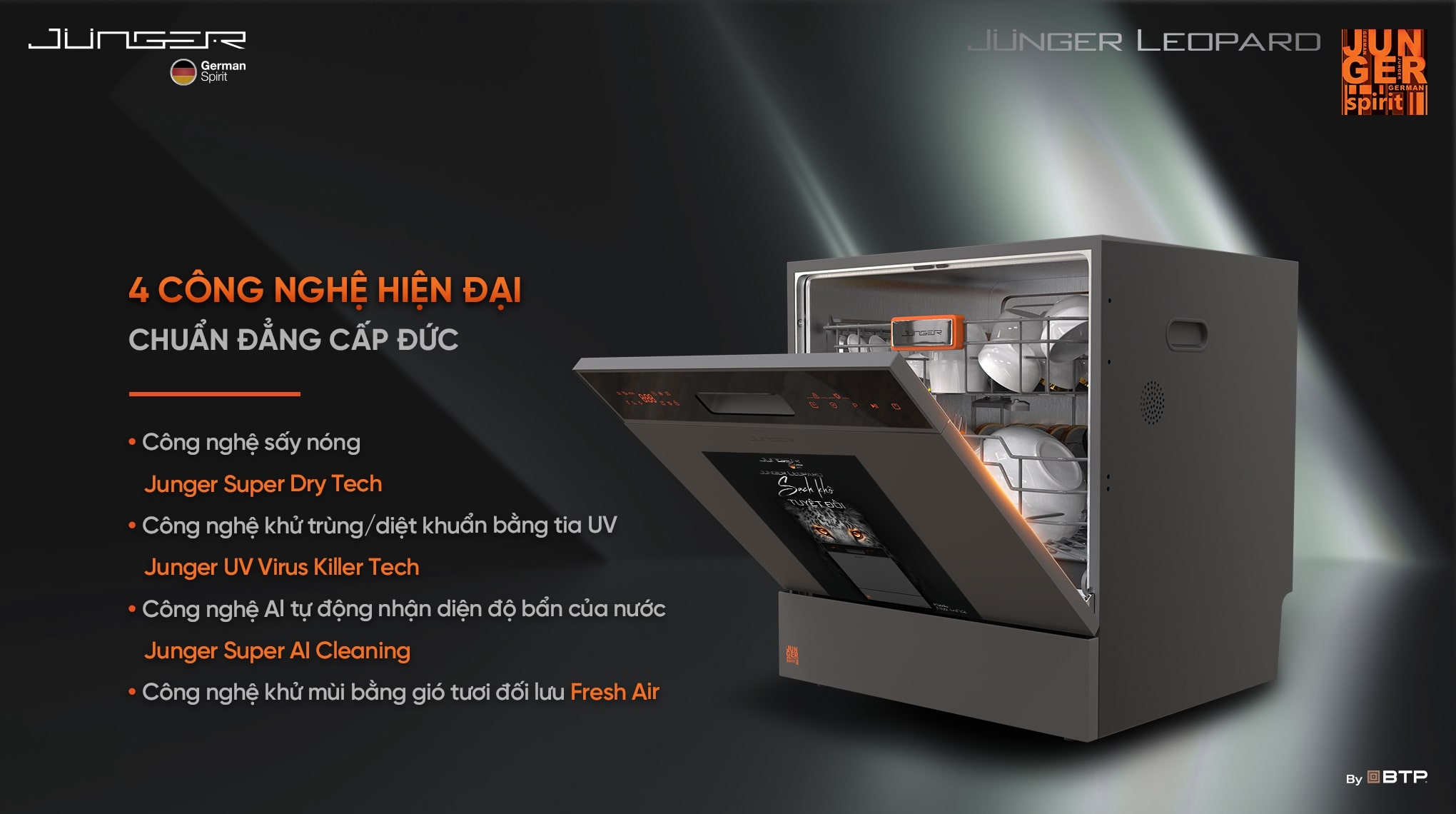 Máy rửa bát Junger Leopard DWJ-100 được ứng dụng 4 công nghệ hiện đại bậc nhất mang lại hiệu quả rửa bát “Sạch khô sáng bóng