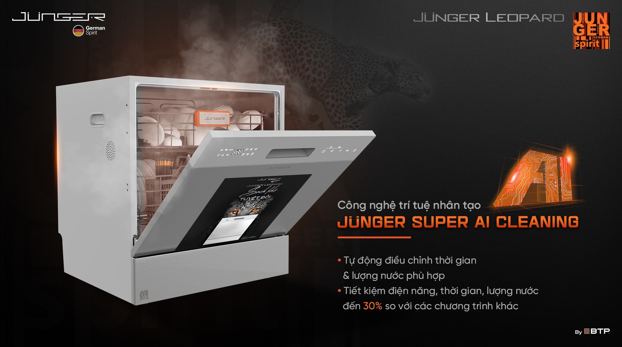 Công nghệ Junger Super AI Cleaning tự động điều chỉnh thời gian và lượng nước rửa phù hợp giúp tiết kiệm điện năng, thời gian, lượng nước tới 30%