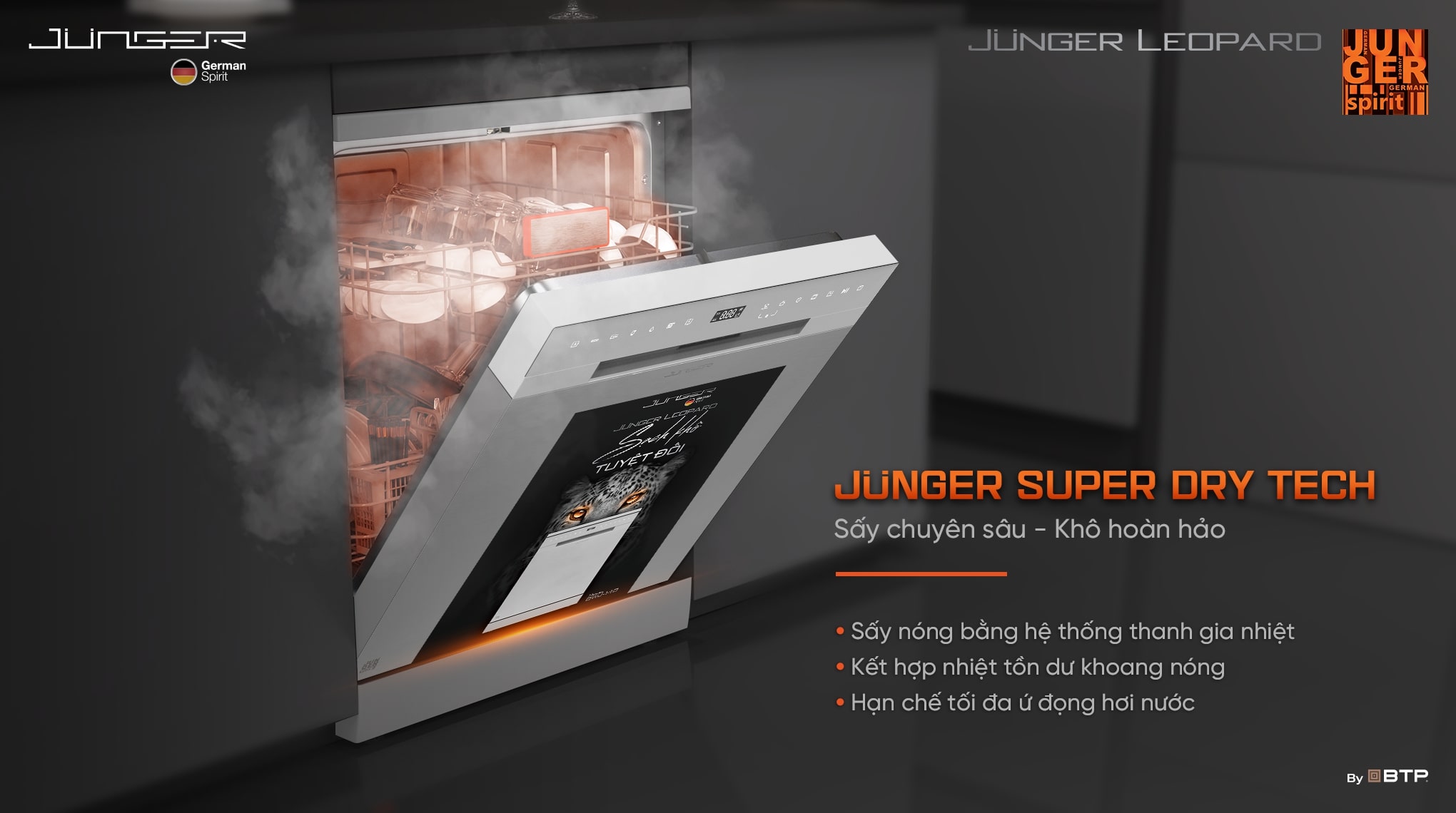 Công nghệ sấy nóng Junger Super Dry Tech hỗ trợ làm khô tăng cường cho toàn bộ chén bát tốt hơn