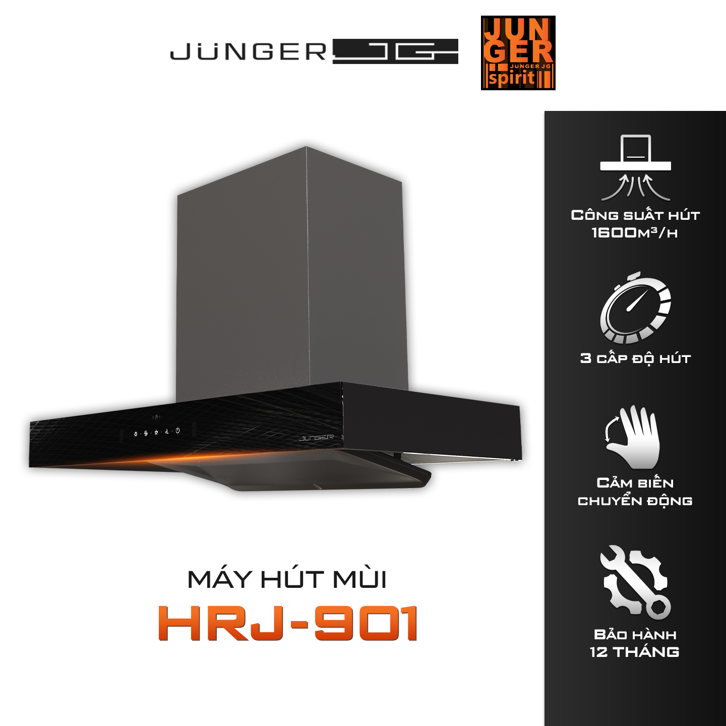 Máy hút mùi Junger HRJ-901 với thiết kế hiện đại chuẩn Đức nâng tầm không gian sống.