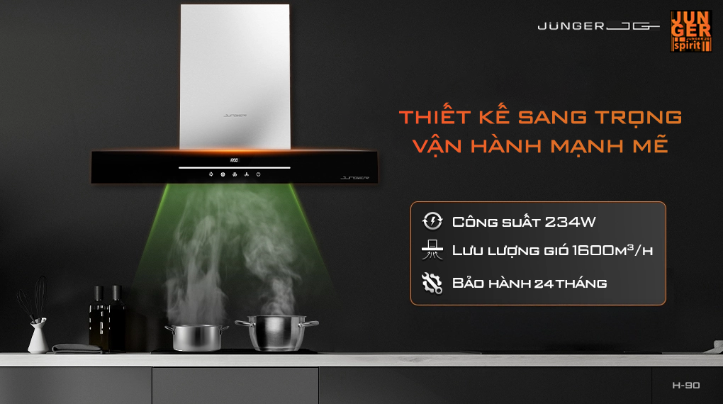 Máy hút mùi Junger HRJ-90 với thiết kế hiện đại chuẩn Đức nâng tầm không gian sống.