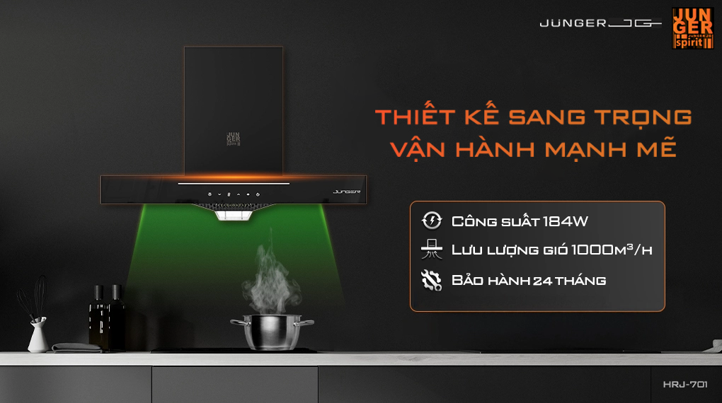 Máy hút mùi Junger HRJ-701 với thiết kế hiện đại chuẩn Đức nâng tầm không gian sống.