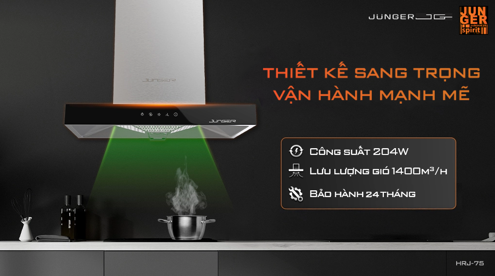 Máy hút mùi Junger HRJ-75 với thiết kế hiện đại chuẩn Đức nâng tầm không gian sống.