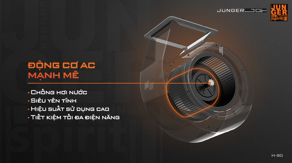 HRJ-90 sử dụng động cơ AC với lực hút 1600m3/h mạnh mẽ cùng 3 tốc độ gió chuyên biệt, loại bỏ đến 99% mùi dầu mỡ và thức ăn.