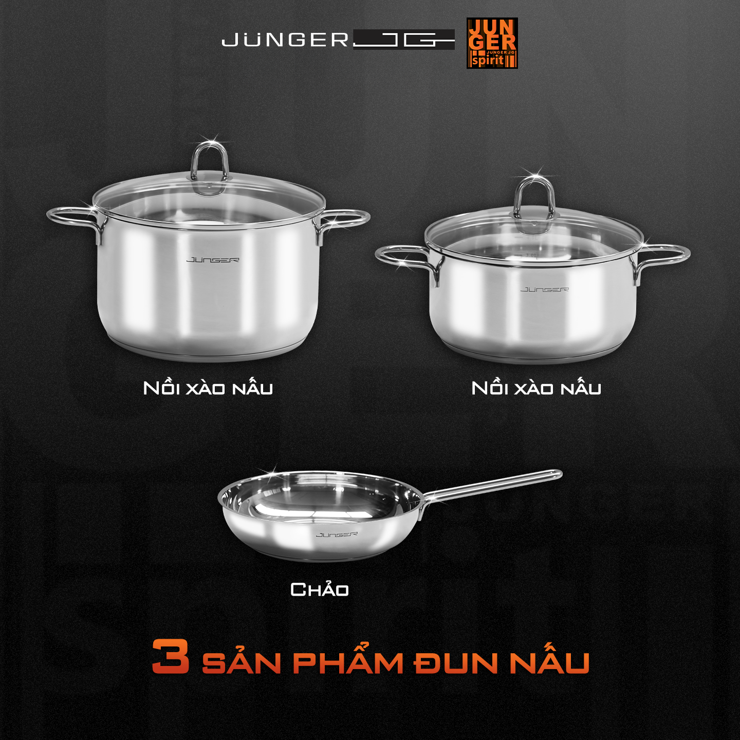 Bộ nồi inox Junger CWJ-050 cao cấp gồm 5 chi tiết với 3 sản phẩm đun nấu đáp ứng mọi món ăn