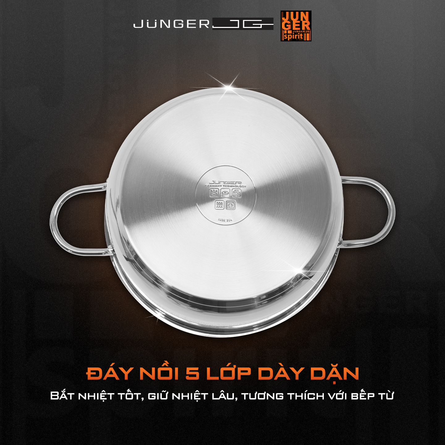 Junger CWJ-050 có cấu tạo 5 lớp giúp nồi dẫn nhiệt nhanh và giữ nhiệt tốt, dùng được trên mọi loại bếp