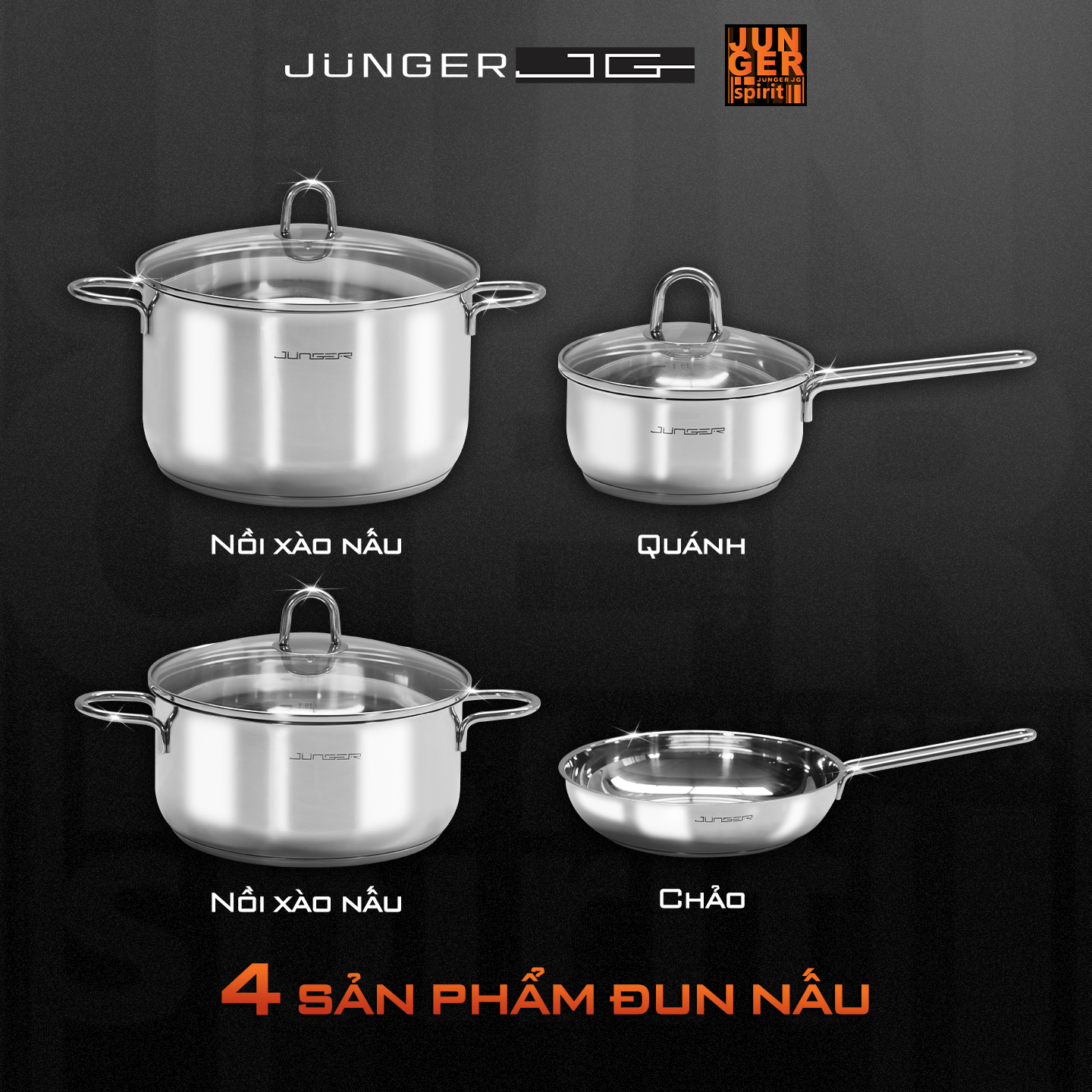 Bộ nồi inox Junger JC-100 cao cấp gồm 13 chi tiết với 8 sản phẩm đun nấu đáp ứng mọi món ăn.