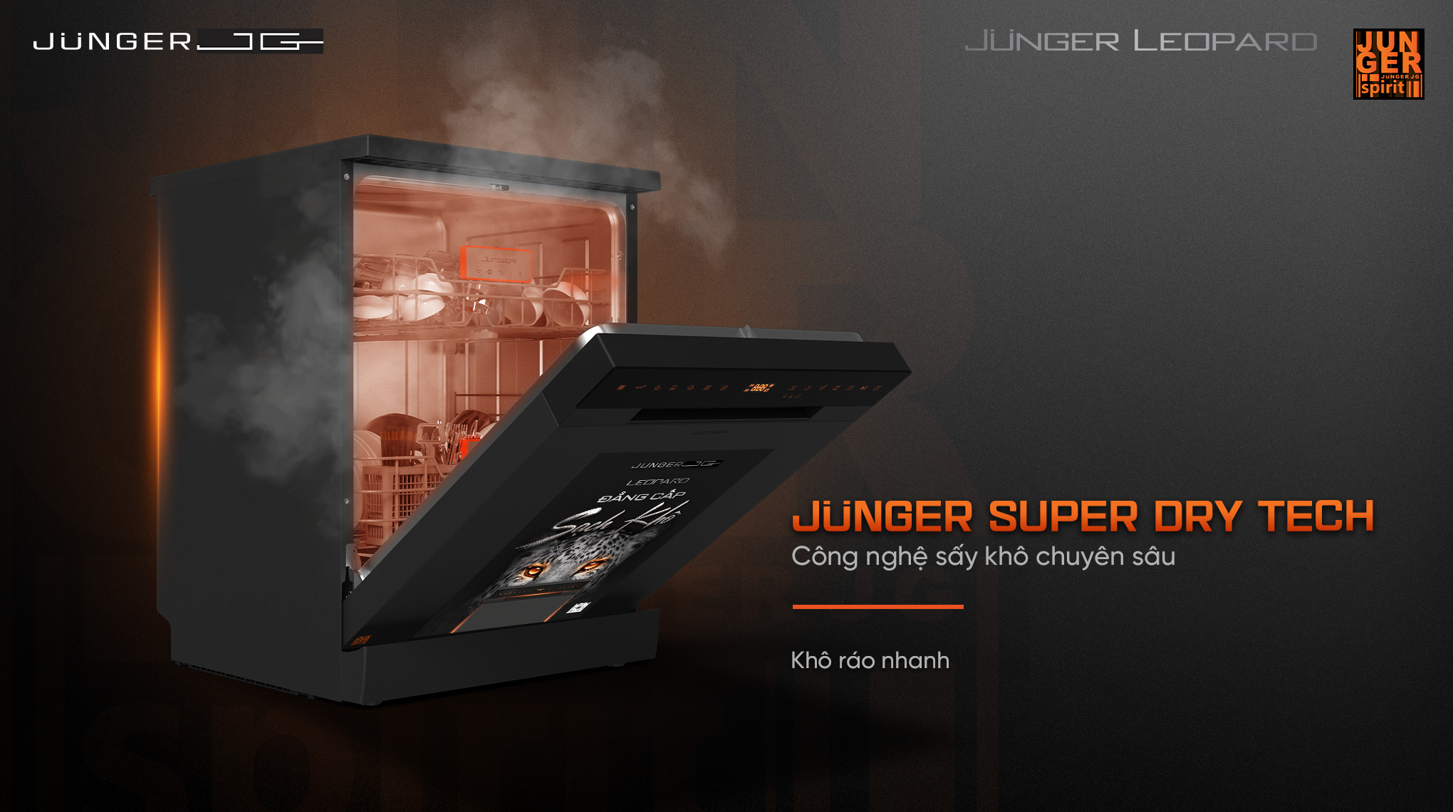Công nghệ sấy nóng Junger Super Dry Tech hỗ trợ làm khô tăng cường cho toàn bộ chén bát tốt hơn