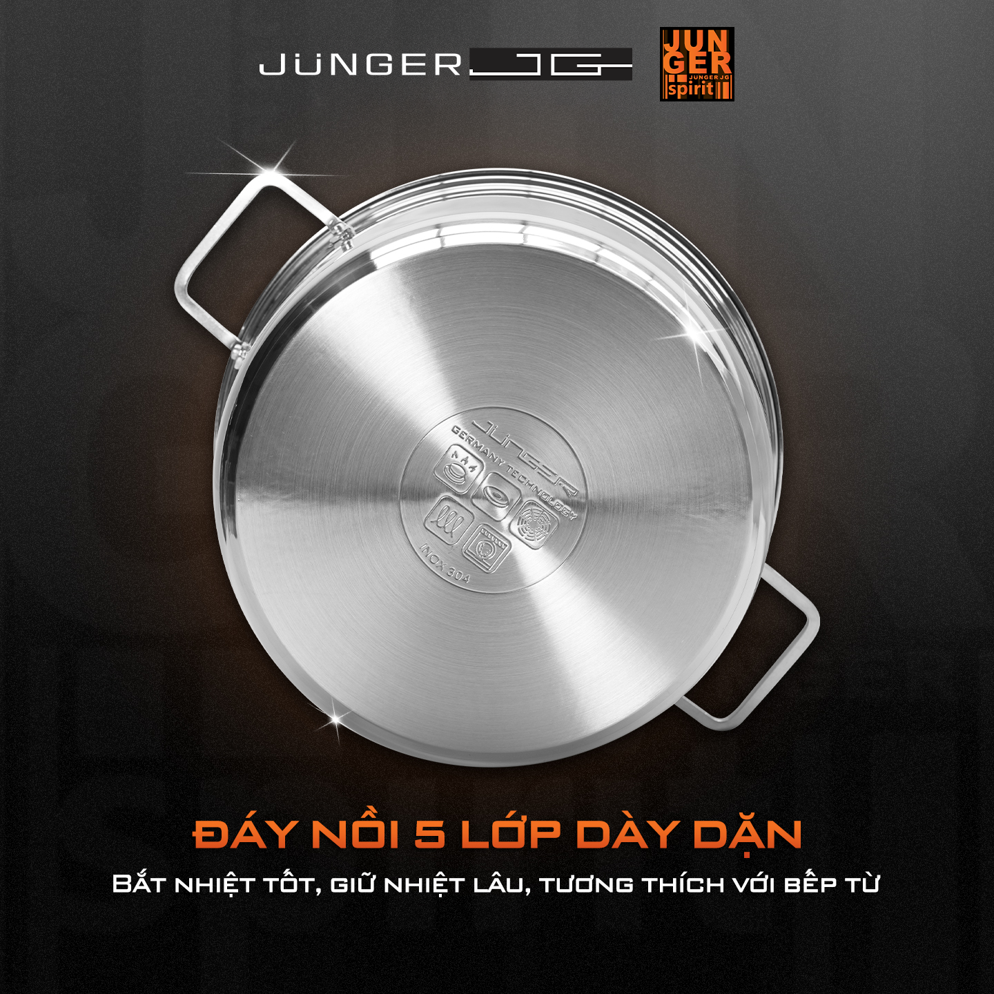 Junger CWJ-070 có cấu tạo 5 lớp giúp nồi dẫn nhiệt nhanh và giữ nhiệt tốt, dùng được trên mọi loại bếp