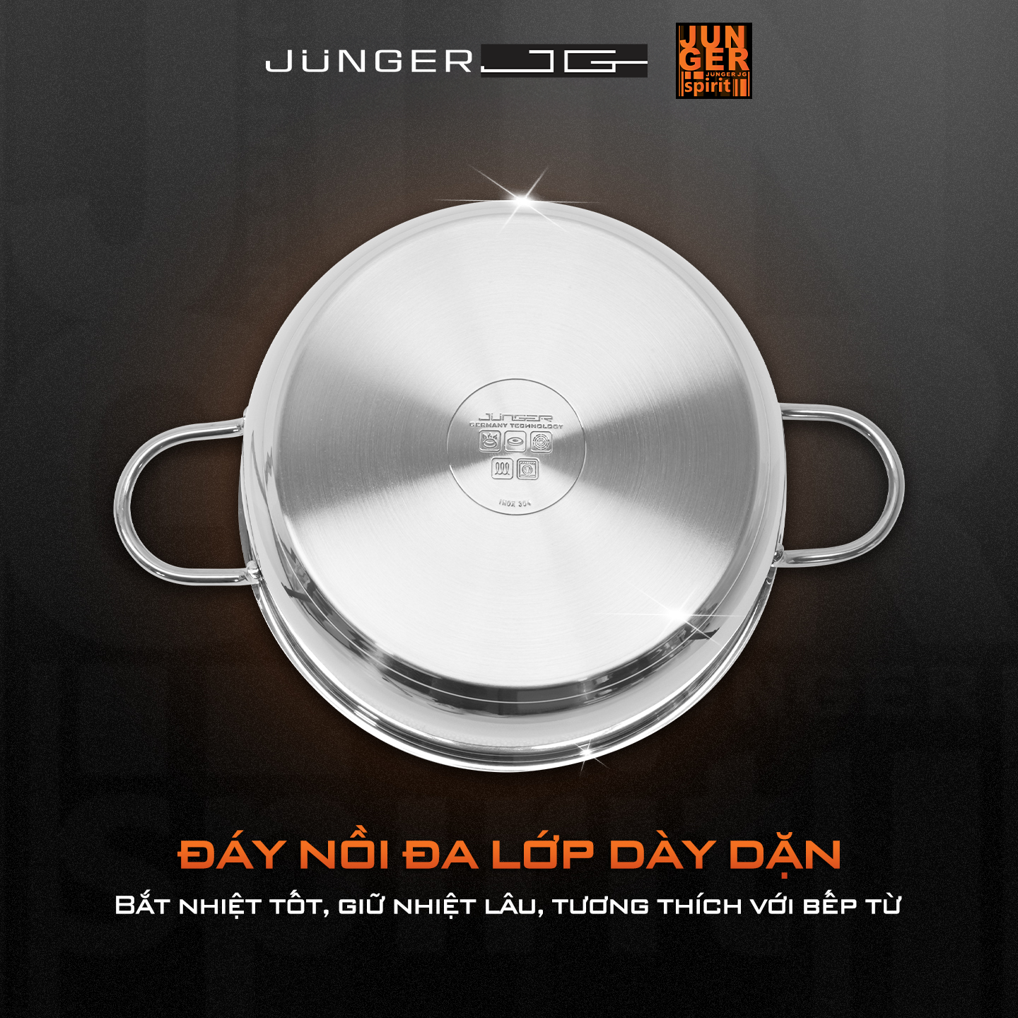 Junger JC-100 có cấu tạo 5 lớp giúp nồi dẫn nhiệt nhanh và giữ nhiệt tốt, dùng được trên mọi loại bếp.