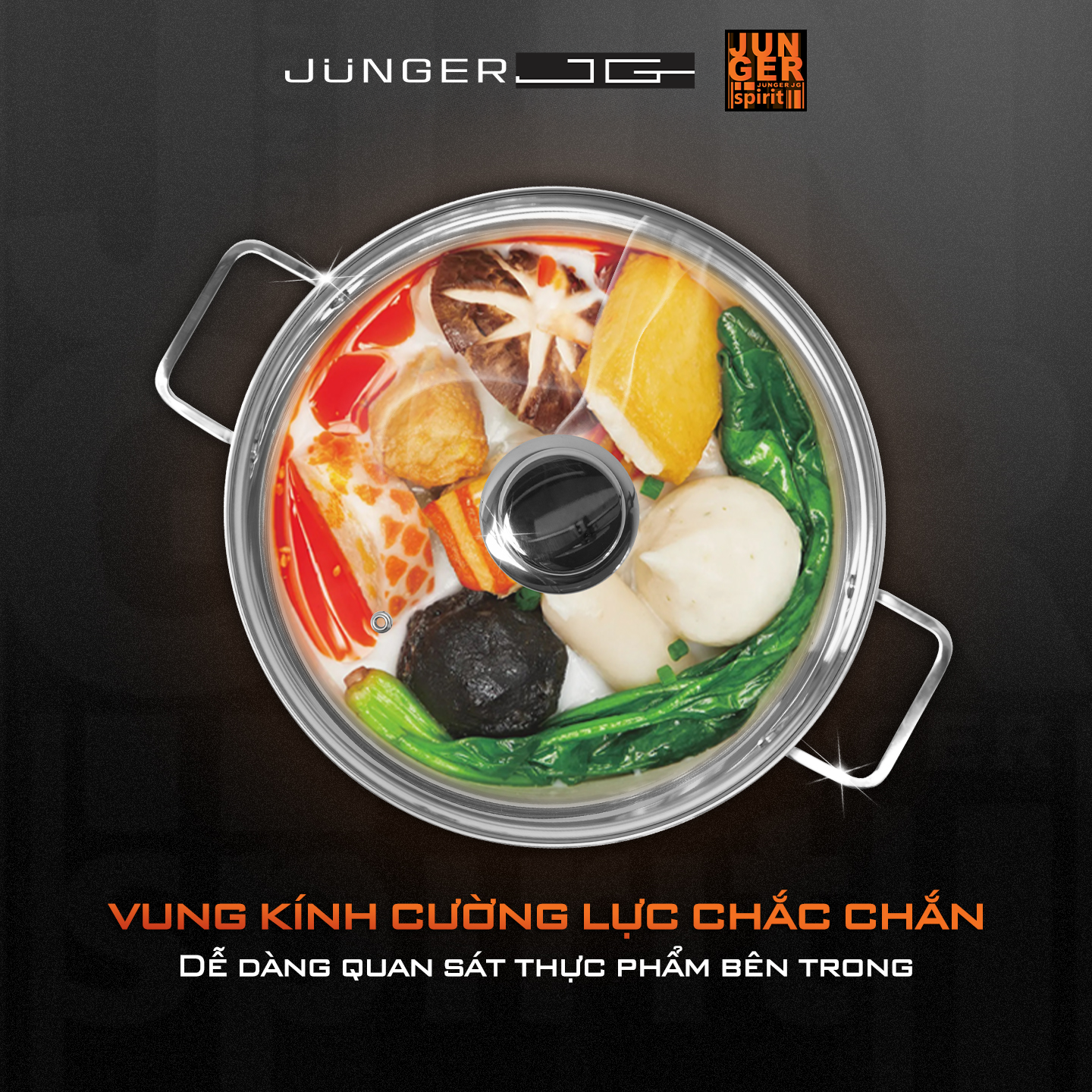 Bộ nồi inox Junger CWJ-070 sở hữu nắp vung cường lực chắc chắn, hạn chế nứt vỡ