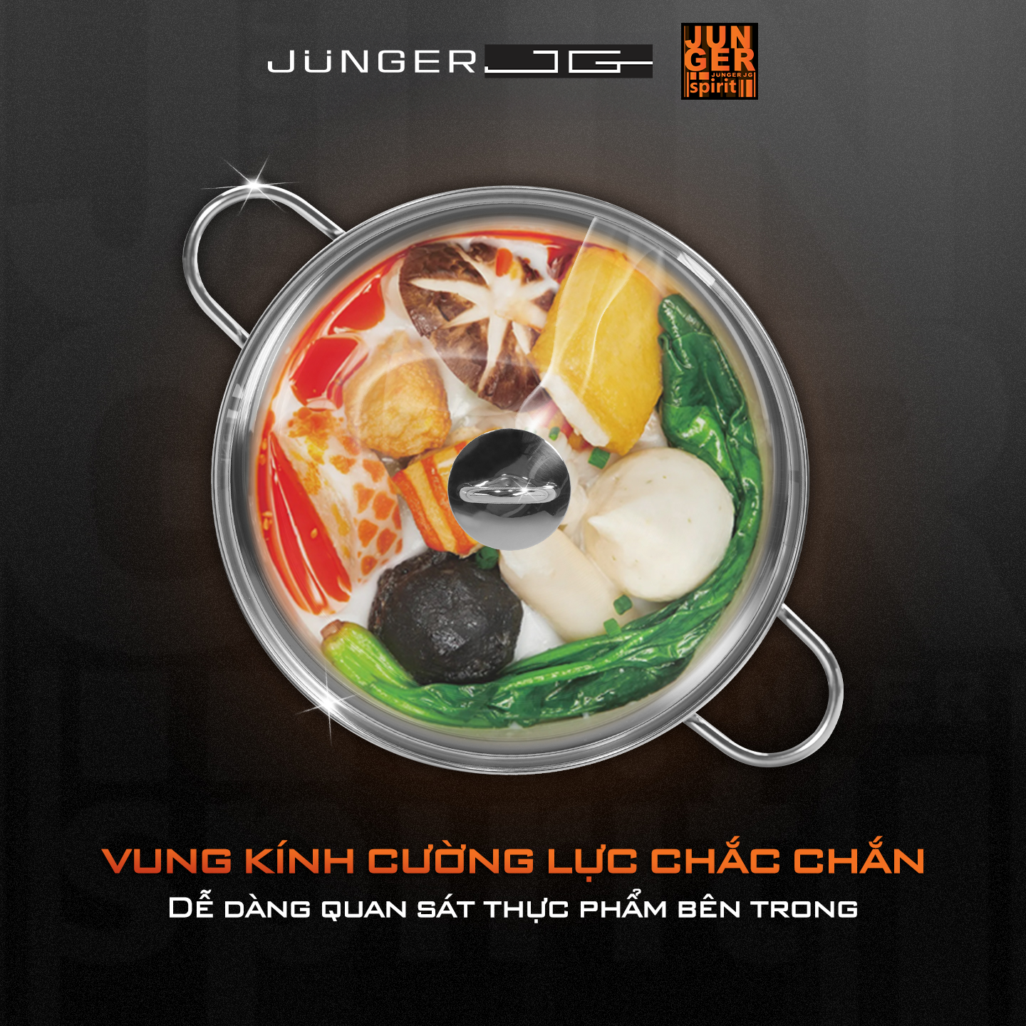 Bộ nồi inox Junger JC-200 sở hữu nắp vung cường lực chắc chắn, hạn chế nứt vỡ.