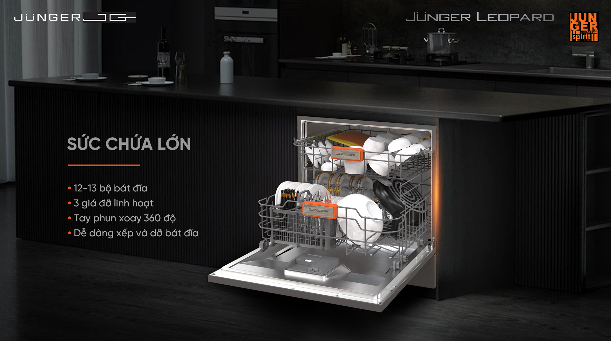 DWJ-103 có dung tích lên tới 12-13 bộ Châu Âu, tương đương 3-4 bữa ăn Việt với 3 giá đỡ linh hoạt thoải mái xếp nhiều dụng cụ nấu nướng