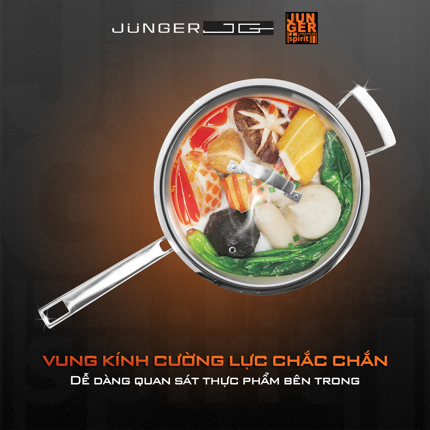 Bộ nồi inox Junger JC-100 sở hữu nắp vung cường lực chắc chắn, hạn chế nứt vỡ.
