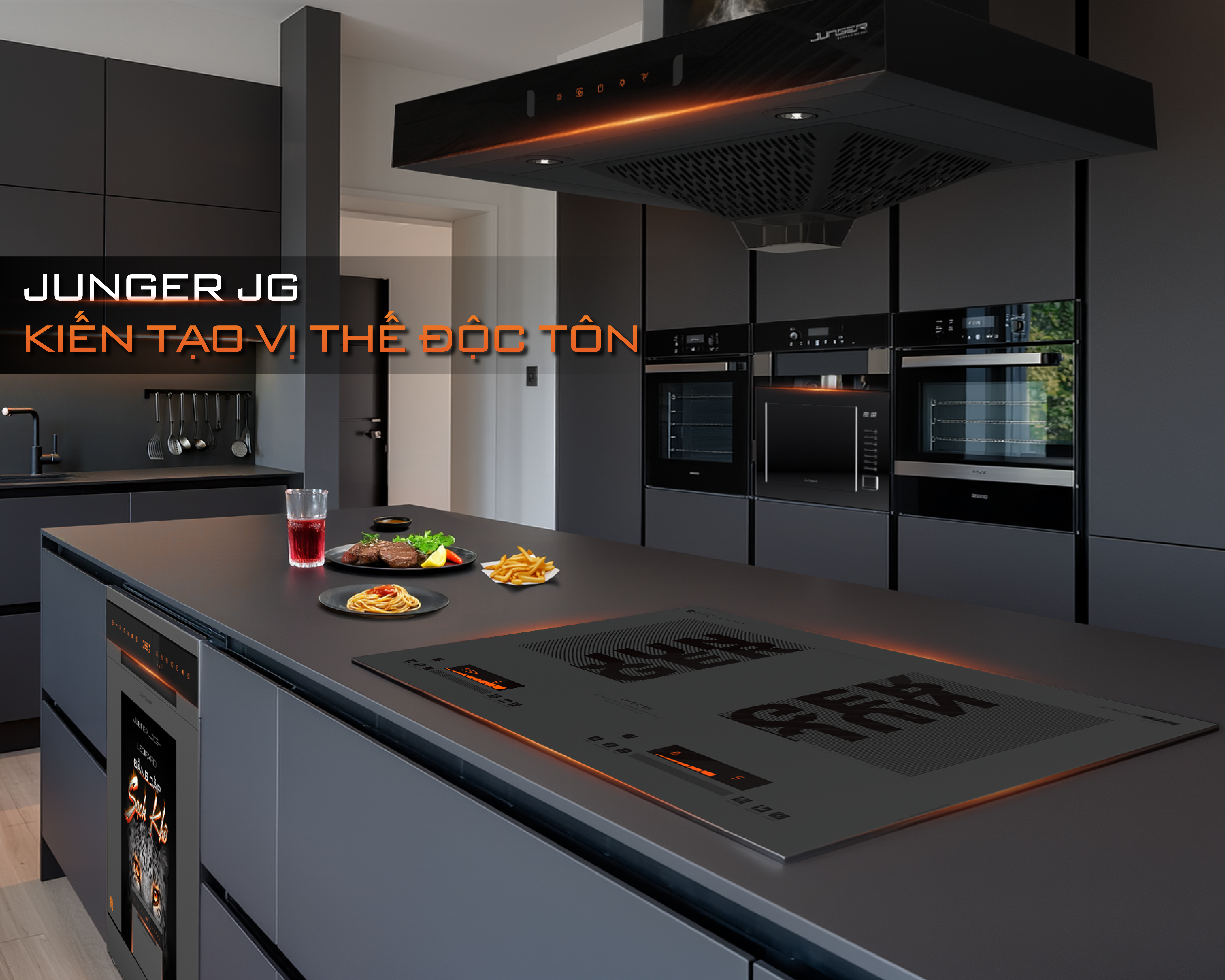 Mặt kính Smoky Quartz sắc thạch anh khói kiến tạo chiều sâu thẩm mỹ khác biệt cho không gian bếp