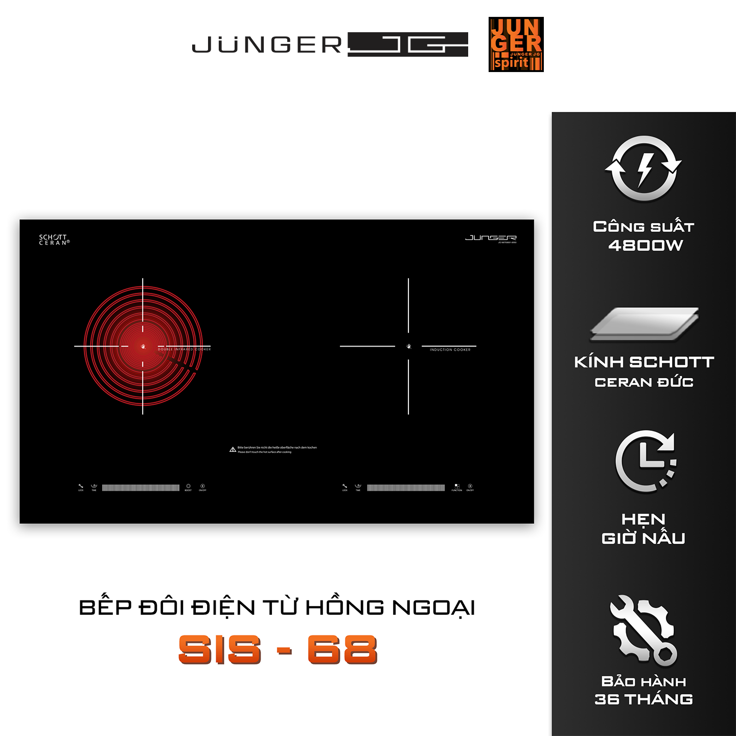 Bếp điện từ hồng ngoại Junger SIS-68 được thiết kế 2 vùng nấu riêng biệt với kiểu dáng hiện đại chuẩn Đức nâng tầm không gian sống.