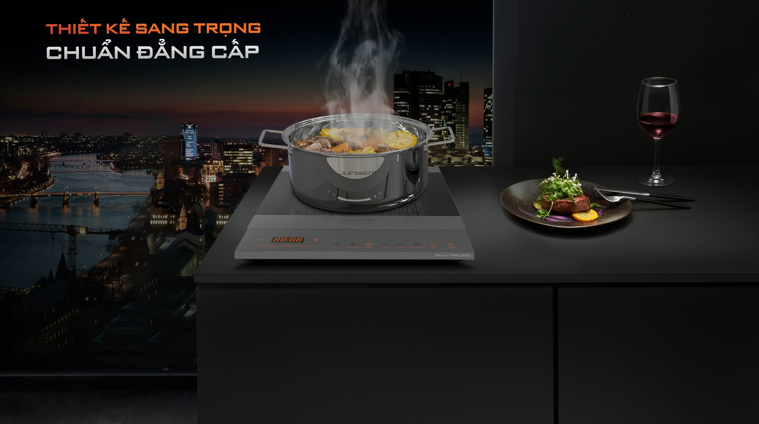 Bếp từ đôi Junger MK-22 được thiết kế 2 vùng nấu riêng biệt với kiểu dáng hiện đại chuẩn Đức nâng tầm không gian sống.