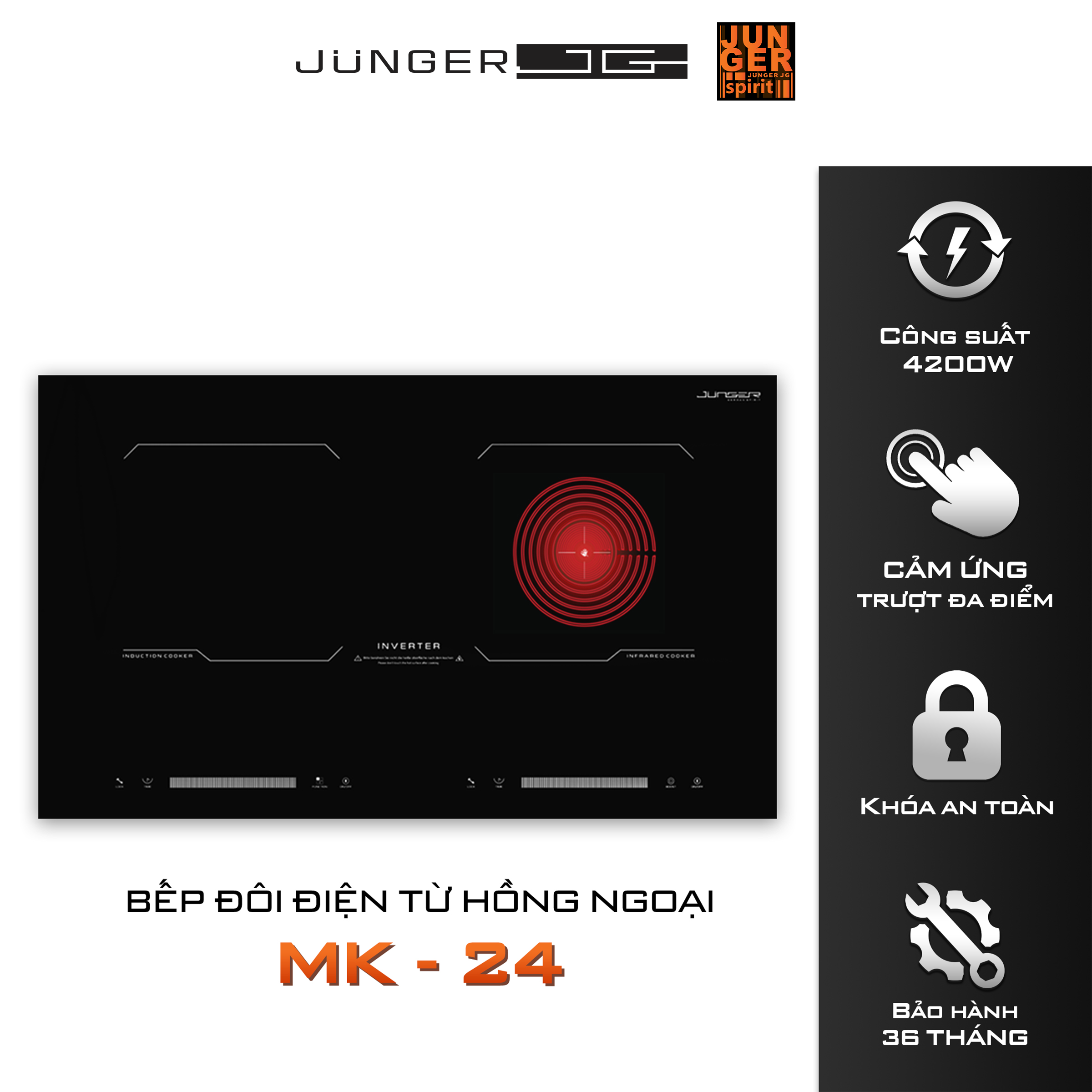 Bếp điện từ hồng ngoại Junger MK-24 áp dụng chính sách bảo hành 36 tháng tại nơi sử dụng.