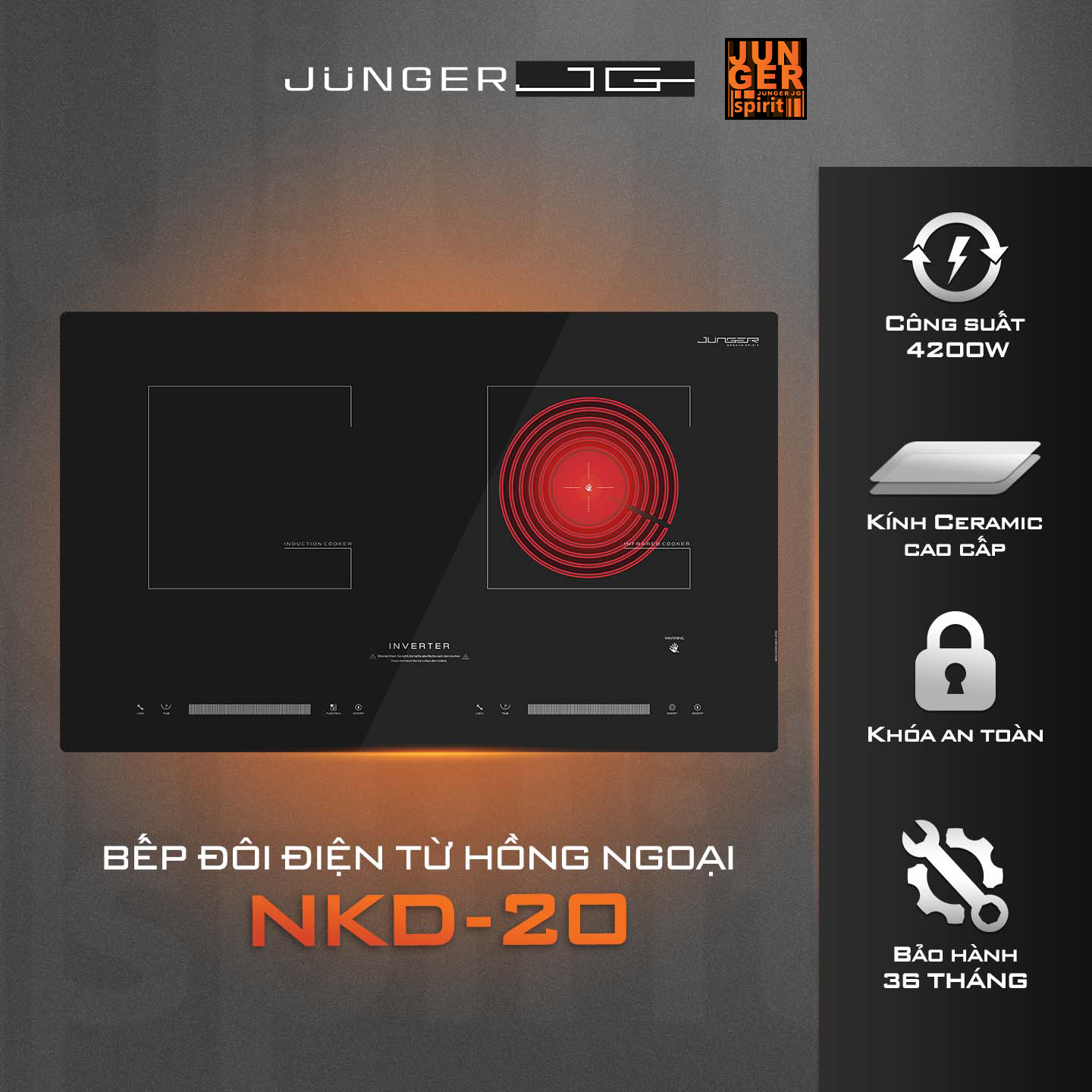 Bếp điện từ hồng ngoại Junger NKD-20 được thiết kế 2 vùng nấu riêng biệt với kiểu dáng hiện đại chuẩn Đức nâng tầm không gian sống.