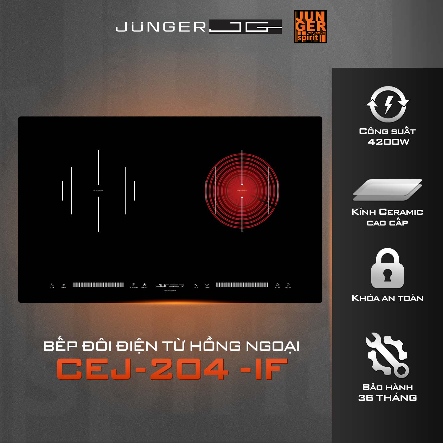 Bếp điện từ Junger CEJ-204-IF được thiết kế 2 vùng nấu riêng biệt với kiểu dáng hiện đại chuẩn Đức nâng tầm không gian sống.