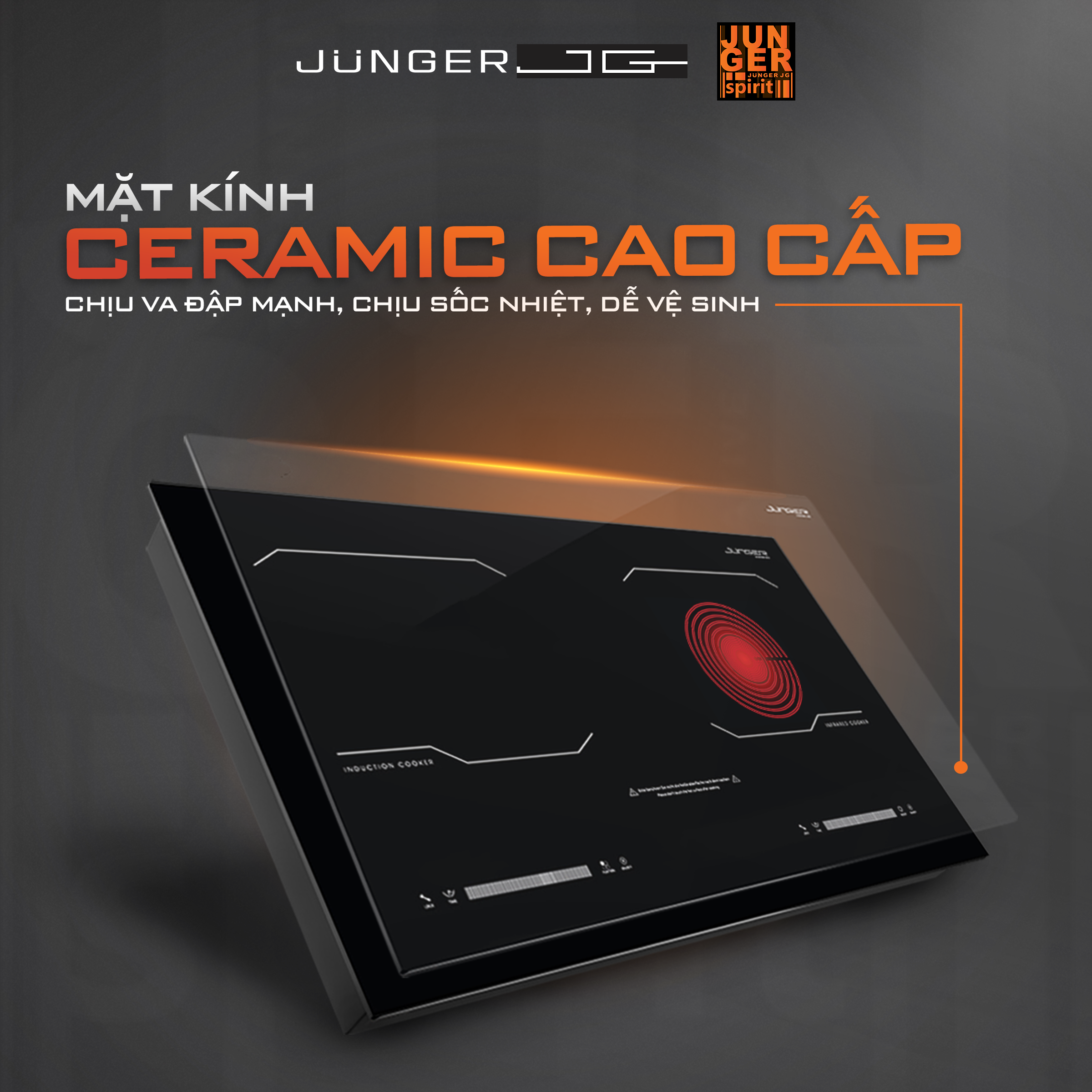 Bếp điện từ hồng ngoại Junger MK-24 sử dụng mặt kính Ceramic Schott Ceran, phù hợp cho nhu cầu nấu nướng hằng ngày.