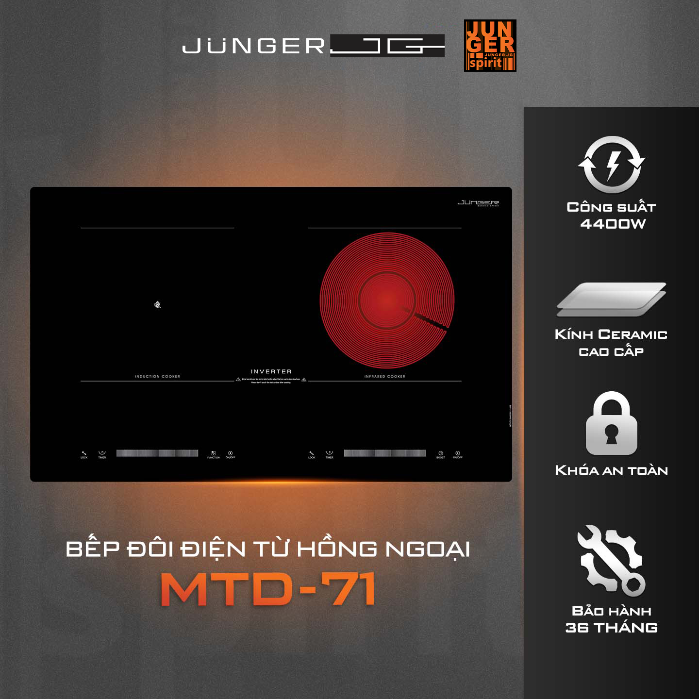 Bếp điện từ hồng ngoại Junger MTD-71 được thiết kế 2 vùng nấu riêng biệt với kiểu dáng hiện đại chuẩn Đức nâng tầm không gian sống.