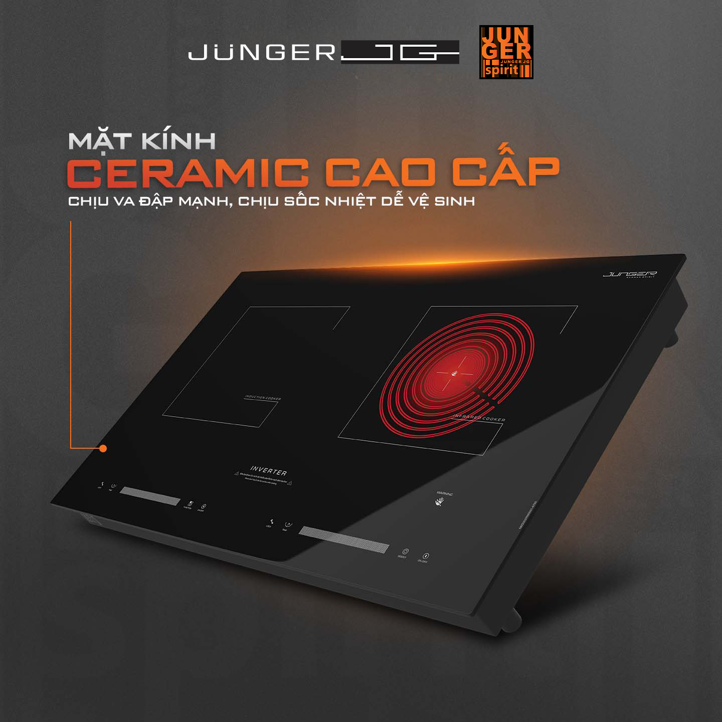 Bếp điện từ hồng ngoại Junger NKD-20 sở hữu mặt kính Ceramic cao cấp, sang trọng, bền bỉ.