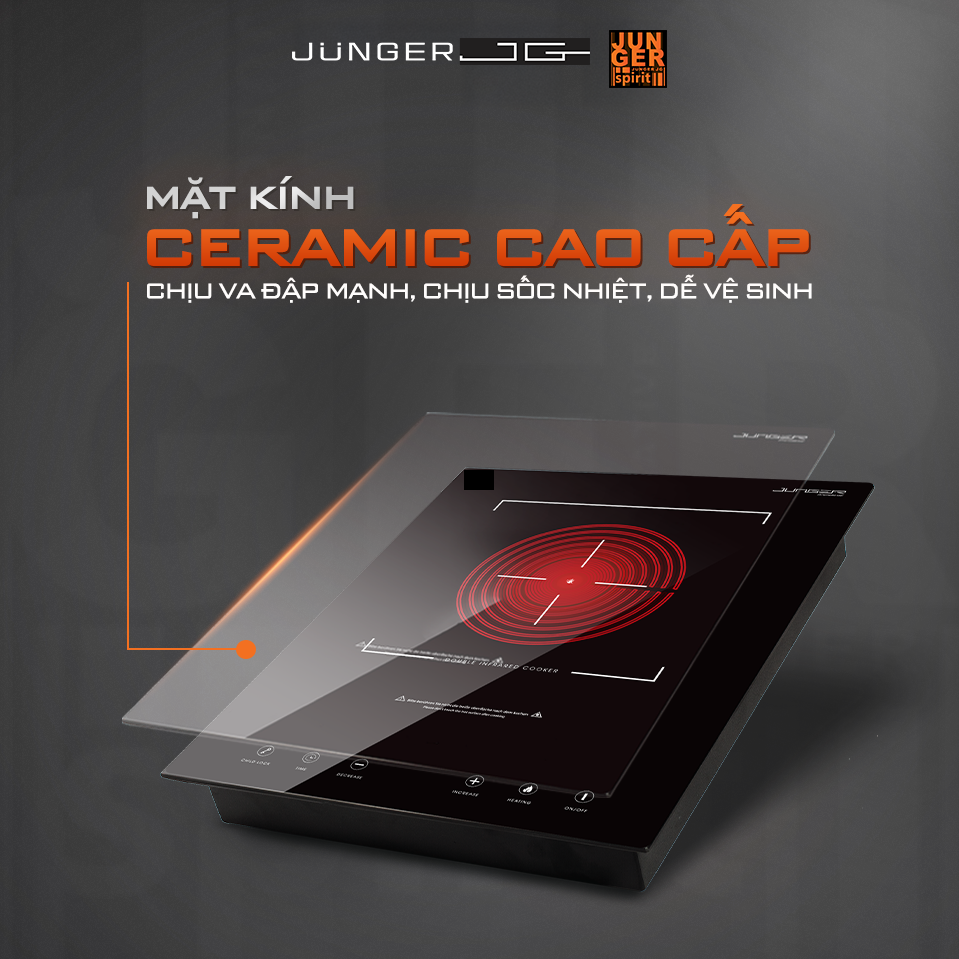 Bếp hồng ngoại đơn Junger MT-92 sở hữu mặt kính Ceramic cao cấp, sang trọng, bền bỉ.