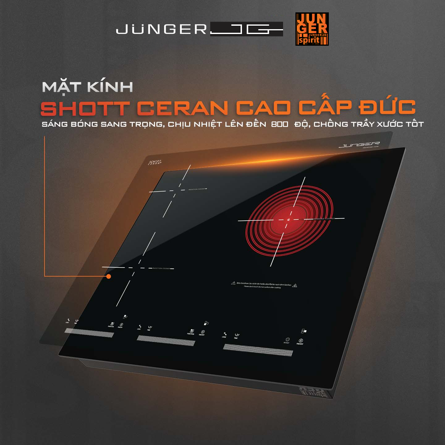 Bếp điện từ 3 Junger CEJ-300-IIF sở hữu mặt kính Ceramic Schott Ceran cao cấp, sang trọng, bền bỉ