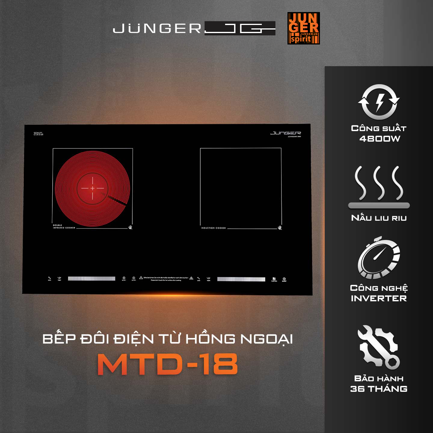 Bếp điện từ Junger MTD-18 được thiết kế 2 vùng nấu riêng biệt với kiểu dáng hiện đại chuẩn Đức nâng tầm không gian sống.