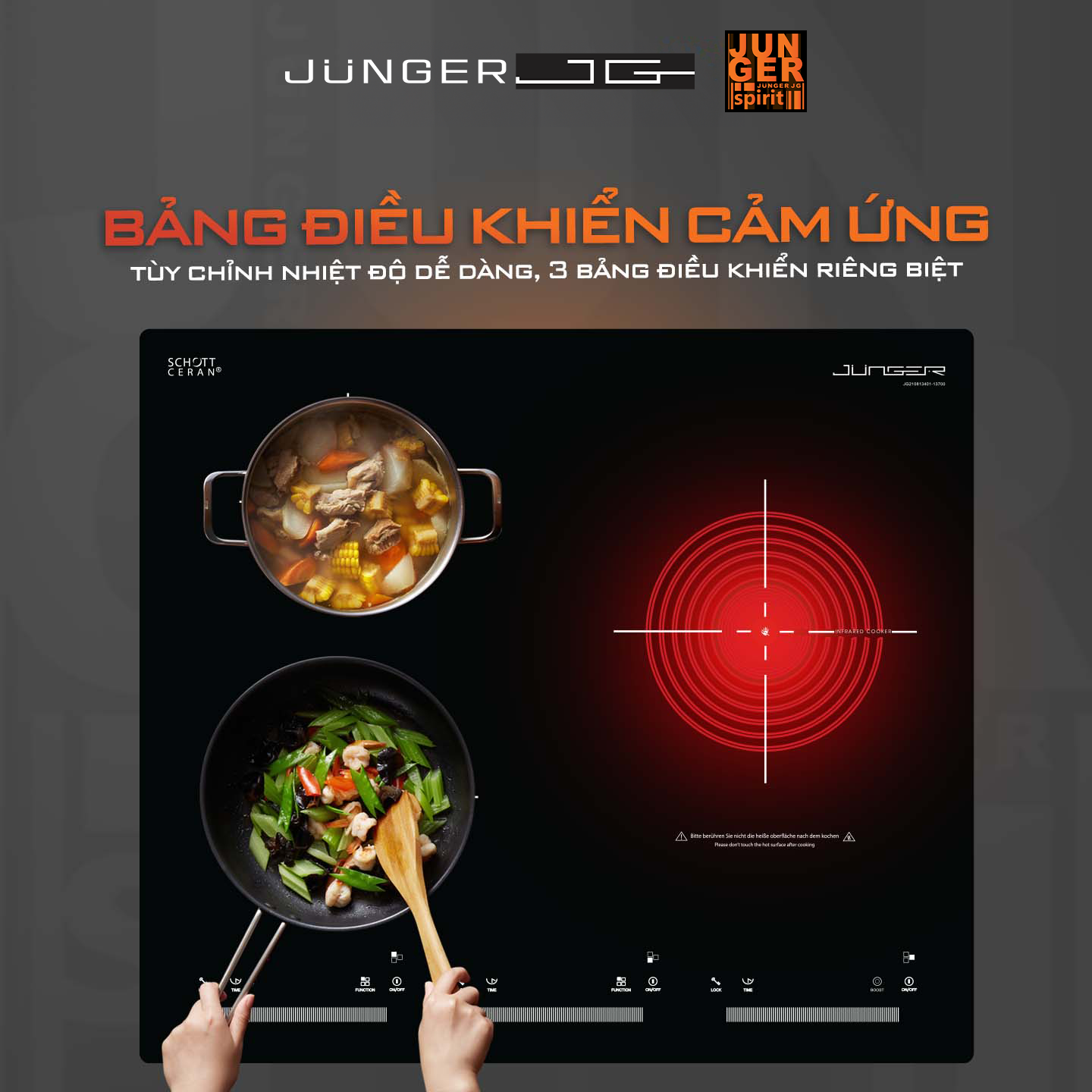 3 bảng điều khiển cảm ứng Slider - Direct Control siêu nhạy riêng biệt cho từng vùng nấu, kết hợp đèn LED hiển thị rõ ràng, dễ sử dụng