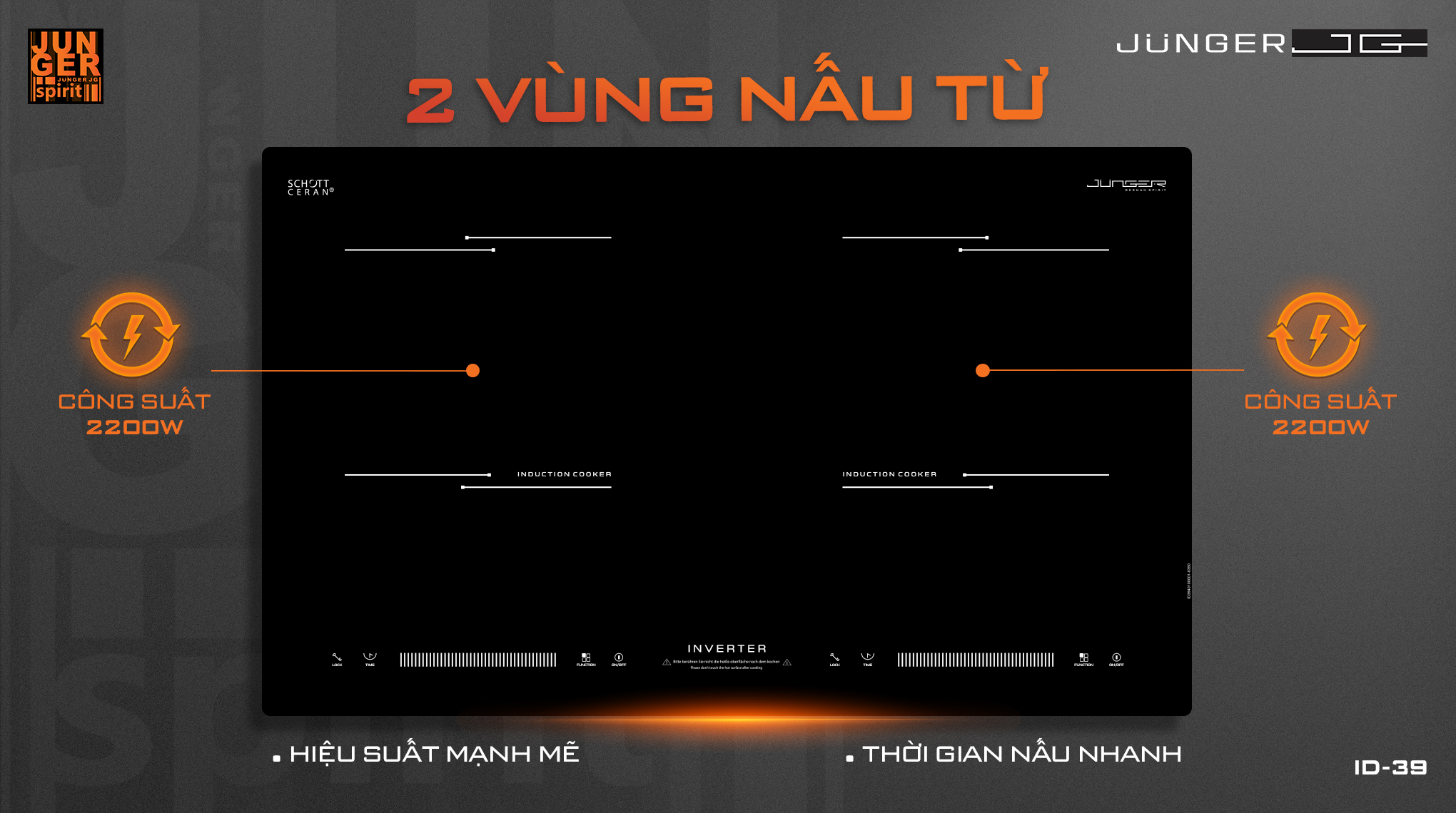 ID-39 gi&uacute;p kiểm so&aacute;t nhiệt tối ưu với 8 mức c&ocirc;ng suất linh hoạt, tối đa l&ecirc;n đến 2200W, c&ugrave;ng 8 mức c&agrave;i đặt nhiệt độ nấu từ 60&deg;C &ndash; 240&deg;C.