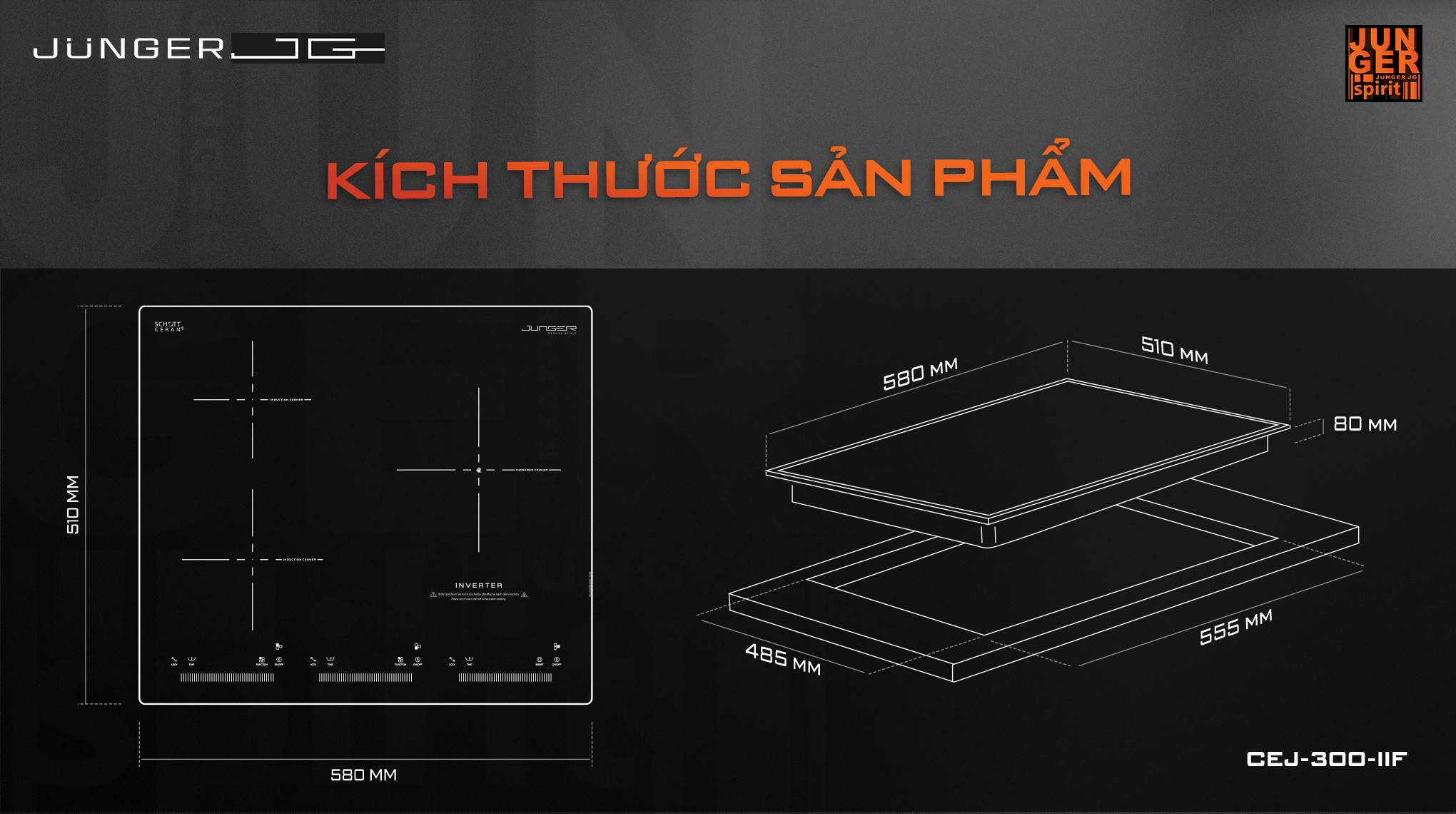 CEJ-300-IIF với kích thước tinh gọn, có thể lắp âm hoặc lắp dương linh hoạt, đáp ứng mọi nhu cầu thiết kế và bố trí bếp