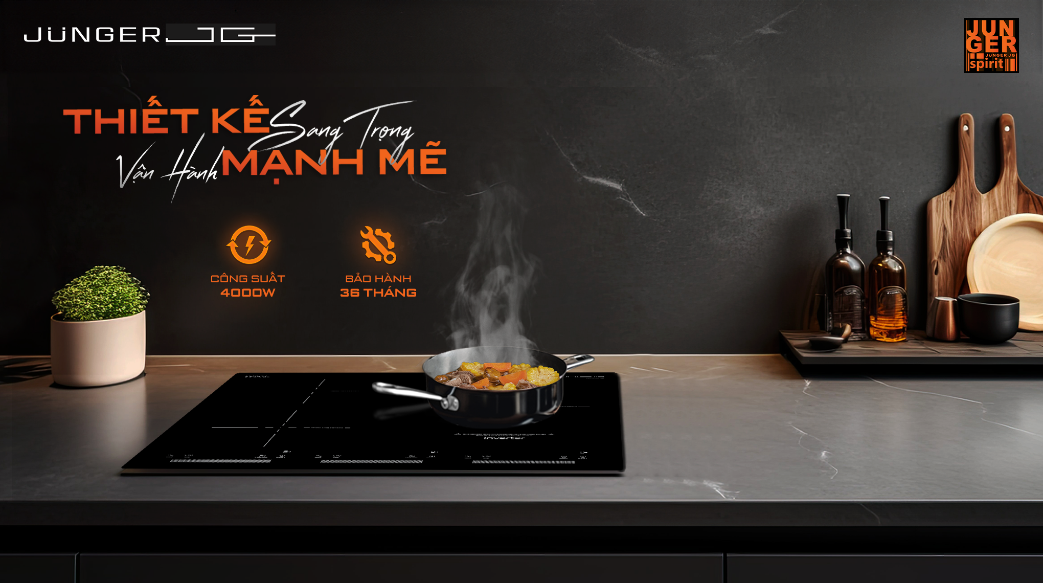 Bếp điện từ Junger CEJ-300-IIF được thiết kế 3 vùng nấu riêng biệt với kiểu dáng hiện đại chuẩn Đức nâng tầm không gian sống.