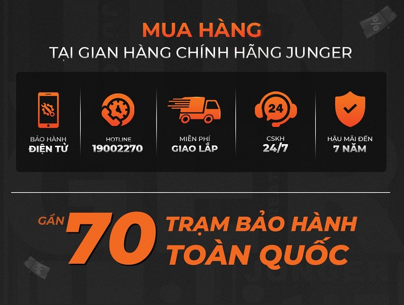 Junger sở hữu gần 70 trạm bảo hành toàn quốc với đội ngũ nhân viên chăm sóc khách hàng luôn sẵn sàng hỗ trợ 24/7.