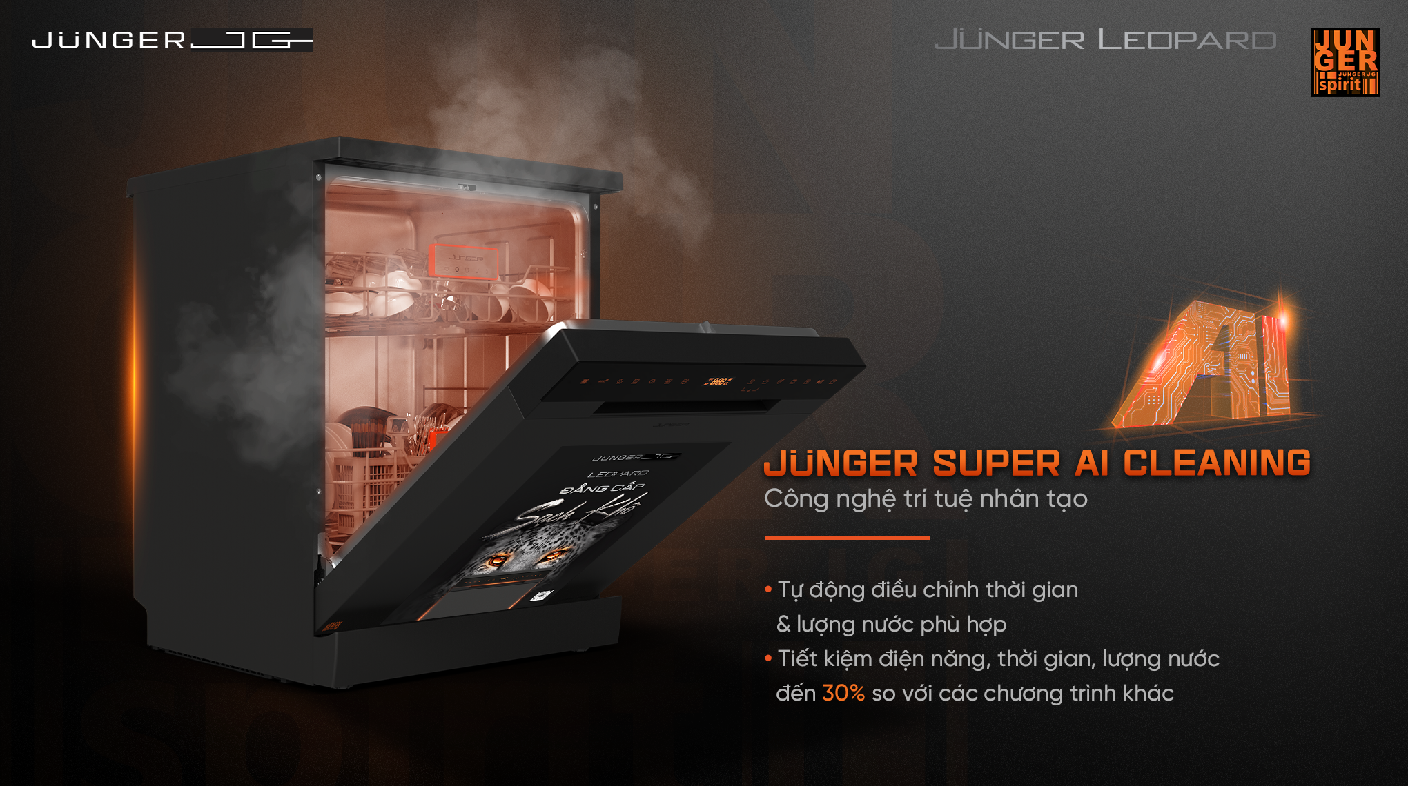 Công nghệ Junger Super AI Cleaning tự động điều chỉnh thời gian và lượng nước rửa phù hợp giúp tiết kiệm điện năng, thời gian, lượng nước tới 30%