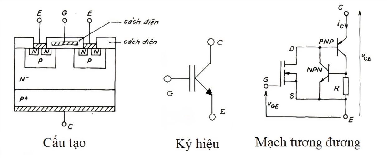 Cấu tạo sò công suất bếp từ IGBT với 3 chân: chân G, chân C, và chân E