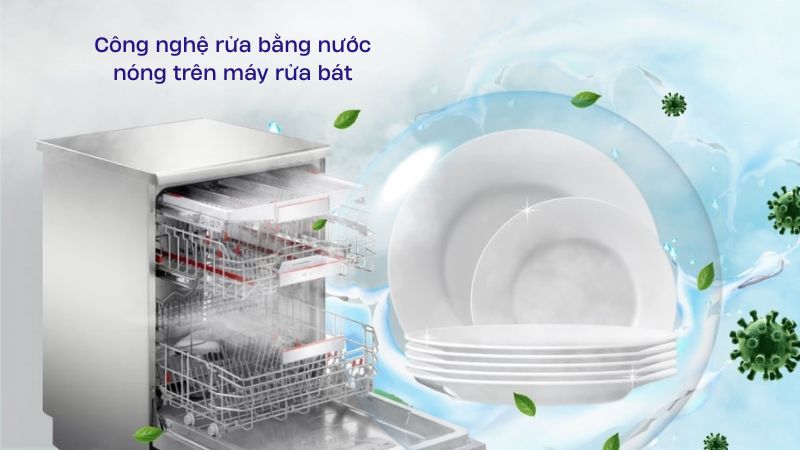 Công nghệ rửa bằng nước nóng là phương pháp làm sạch bát đĩa bằng cách gia nhiệt nước lên mức nhiệt phù hợp, thường dao động từ 40–75°C