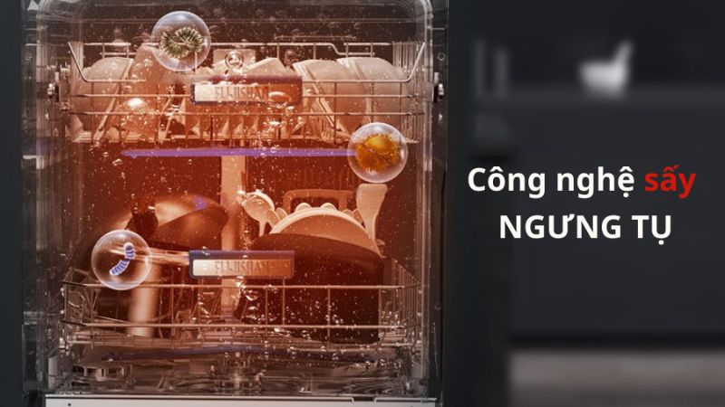 Công nghệ sấy ngưng tụ PureDry làm khô bát đĩa bằng cách tận dụng sự chênh lệch nhiệt độ giữa khoang rửa và thành máy để hơi nước ngưng tụ thành nước lỏng