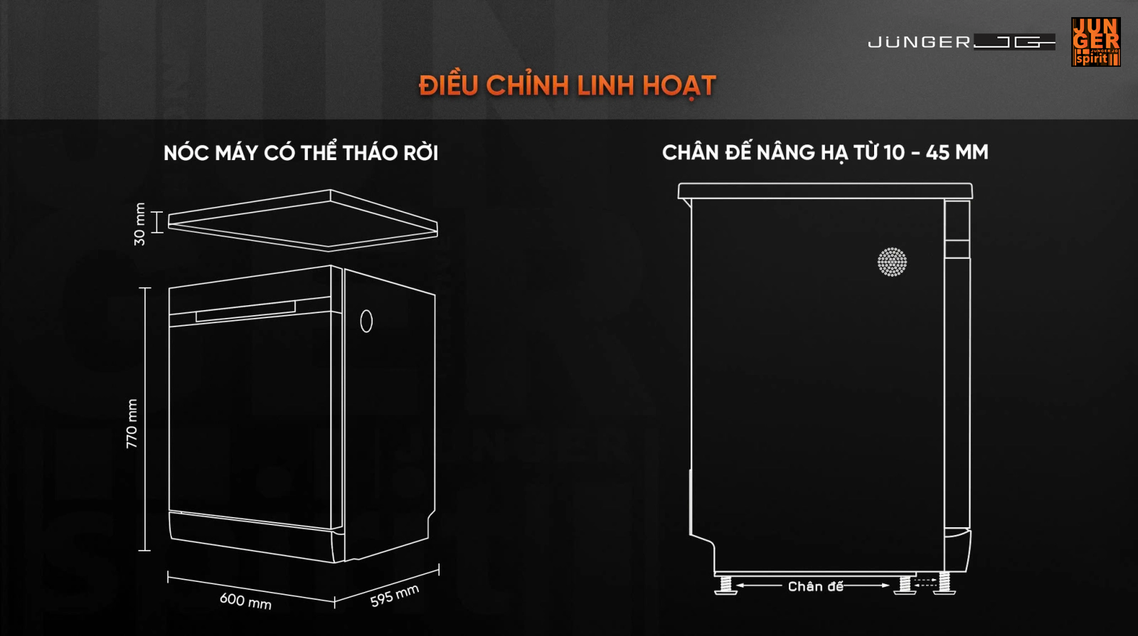 Máy rửa bát Junger Leopard DWJ-143 sở hữu thiết kế sang trọng, có thể lắp âm hoặc độc lập, chân đế có thể nâng hạ tuỳ chỉnh